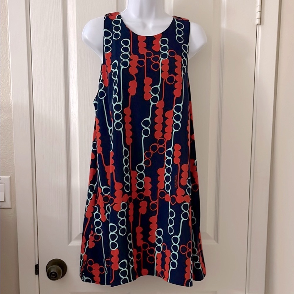 NWT Manuhealii Alina Lei Kukui Dress Navy with Red and Aqua Pattern S